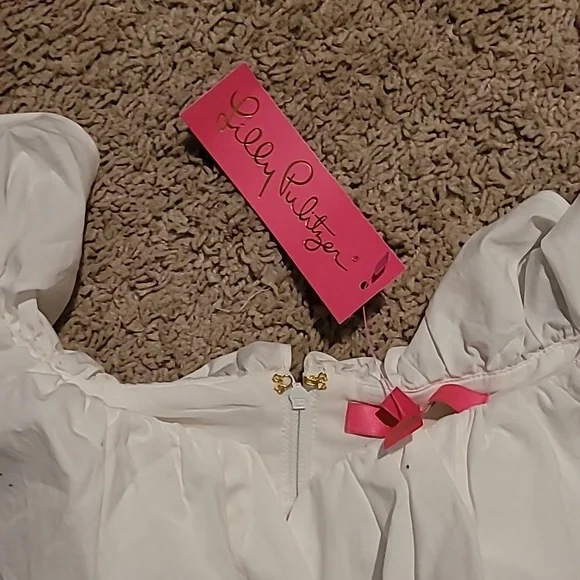 Lilly Pulitzer Emie babydoll Ruffle Top Neon pink, Blue & White Size 10 NWT - Picture 4 of 6